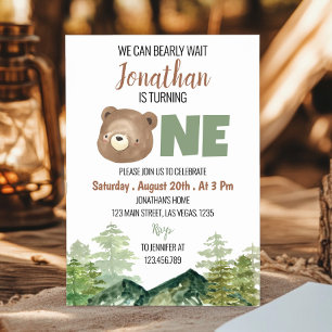 Woodland Bear We Can Bearly Wait 1st  Birthday Invitation