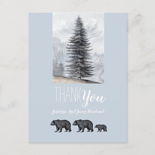 Woodland Bears Baby Shower Thank You Blue Grey Postcard (Front)