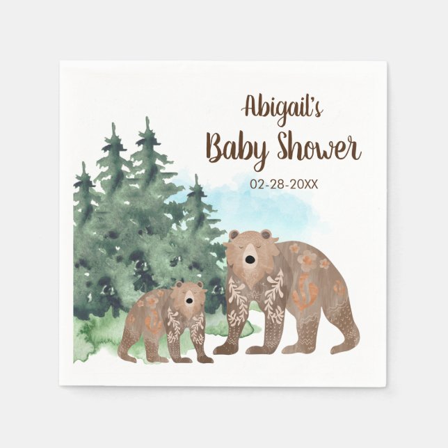 Woodland Bears Neutral Watercolor Baby Shower Napkin (Front)