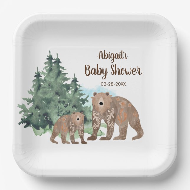 Woodland Bears Neutral Watercolor Baby Shower Paper Plate (Front)