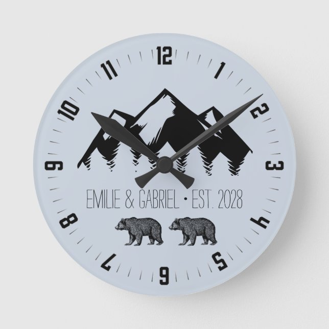  Woodland Bears Newlywed Cabin Round Clock (Front)