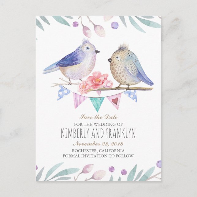 Woodland Birds Couple Save the Date Announcement Postcard (Front)