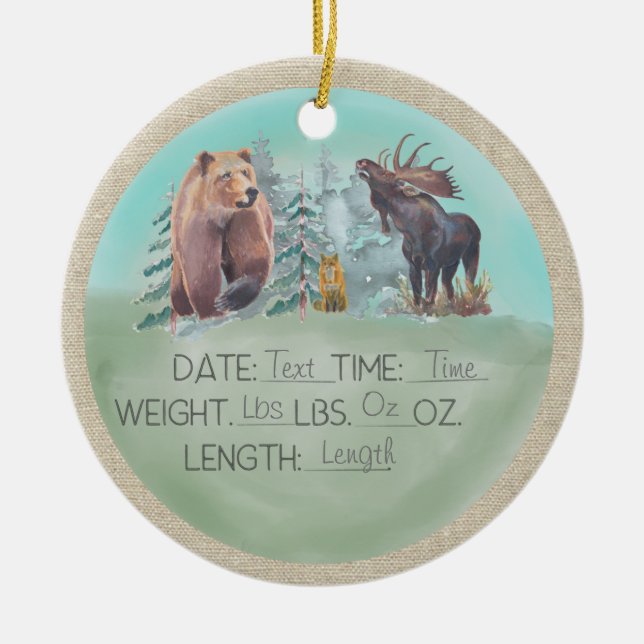 Woodland birth stats  ceramic tree decoration (Front)