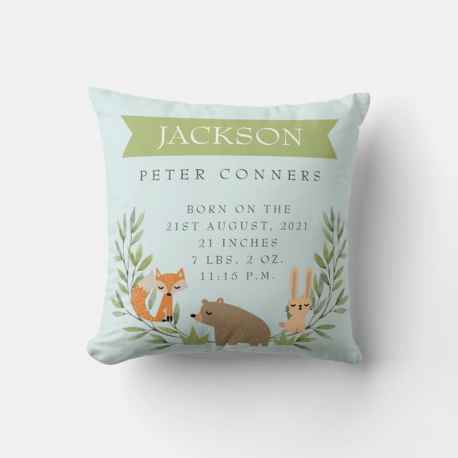 Woodland Birth Stats Personalised Nursery Pillow (Front)