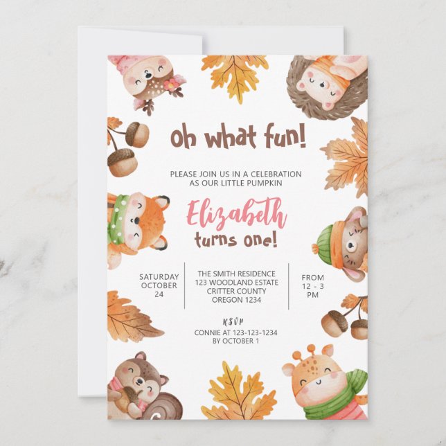 Woodland Birthday, First Birthday, 1st Girl Invitation (Front)