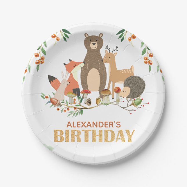 Woodland Birthday Forest Animals Paper Plate (Front)