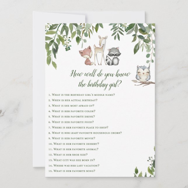 Woodland Birthday Game - Who knows Birthday Girl Invitation (Front)