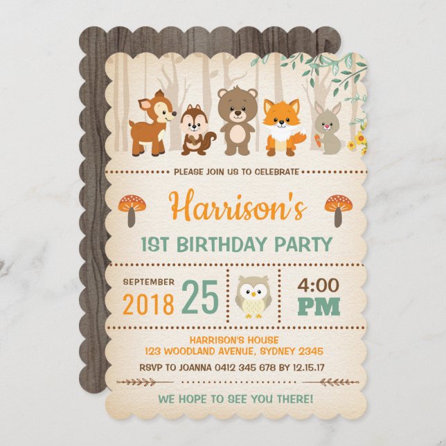 Woodland Birthday Invitation Forest Animal Party (Front/Back)