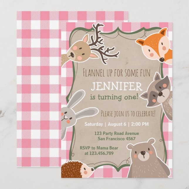 Woodland Birthday Invitation Lumberjack Girl Pink (Front/Back)