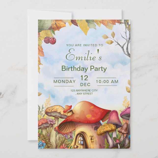 Woodland Birthday Invitation , Woodland Mushroom (Front)
