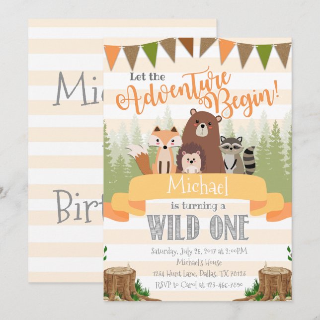 Woodland Birthday Party Invitation Invite Natural (Front/Back)