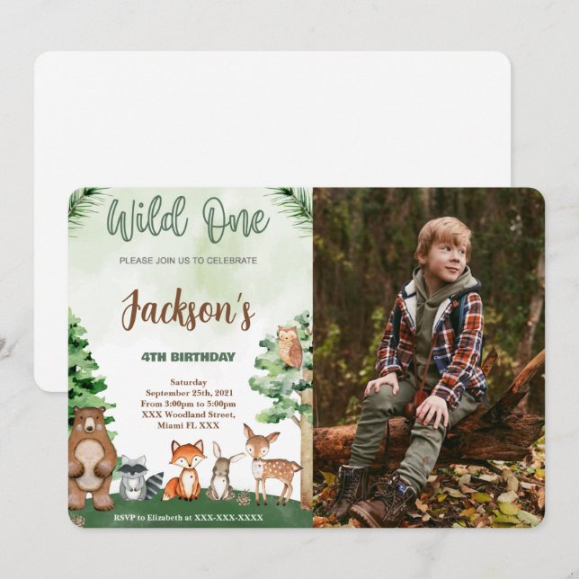 Woodland Birthday Photo Invitation (Front/Back)