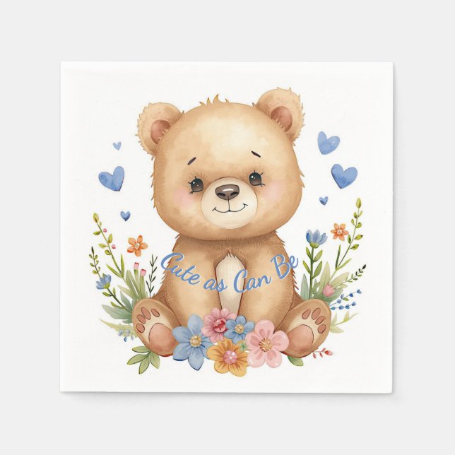 Woodland Birthday Watercolor Bear Blue Hearts Boy Napkin (Front)