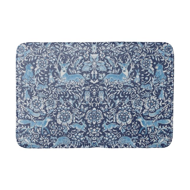Woodland Blue Animal Fox Owl Rabbit William Morris Bath Mat (Front)