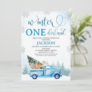 Woodland Blue Truck Winter Onederland Birthday Invitation