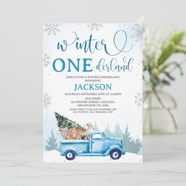 Woodland Blue Truck Winter Onederland Birthday  Invitation (Standing Front)