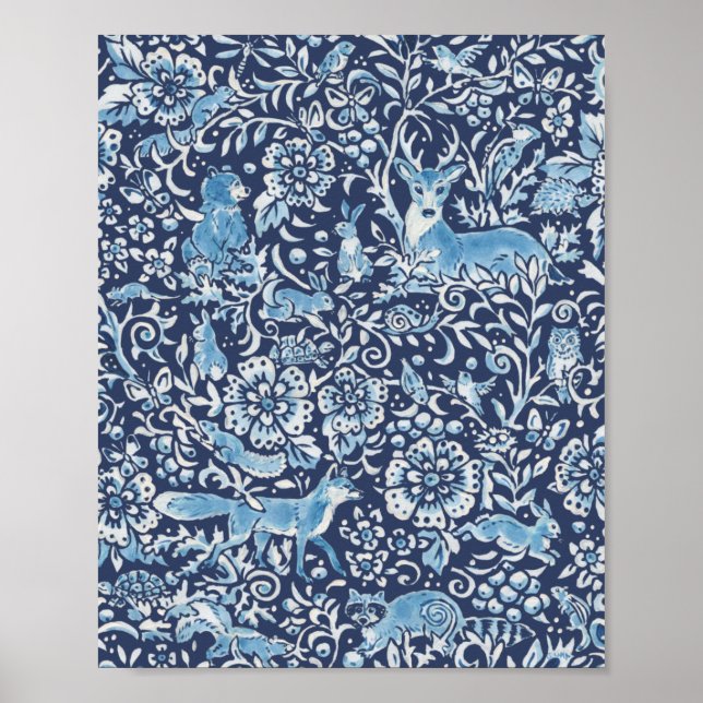 Woodland Blue White Animal Forest Fox Rabbit Bird Poster (Front)