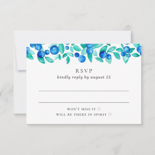 Woodland blueberries. Blue and mint berry wedding RSVP Card (Front)
