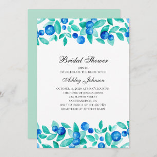 Woodland blueberries. Blue and mint bridal shower Invitation
