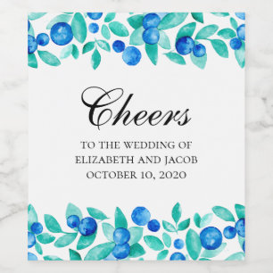 Woodland blueberries. Blue and mint garden wedding Wine Label