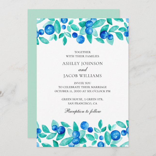 Woodland blueberries. Mint and blue garden wedding Invitation (Front/Back)
