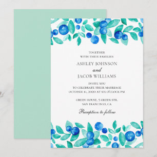 Woodland blueberries. Mint and blue garden wedding Invitation