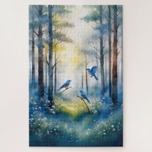Woodland Bluebirds Scenic Forest Jigsaw Puzzle