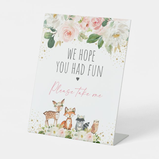 Woodland Blush Floral Baby Shower Party Favour Pedestal Sign (Front)