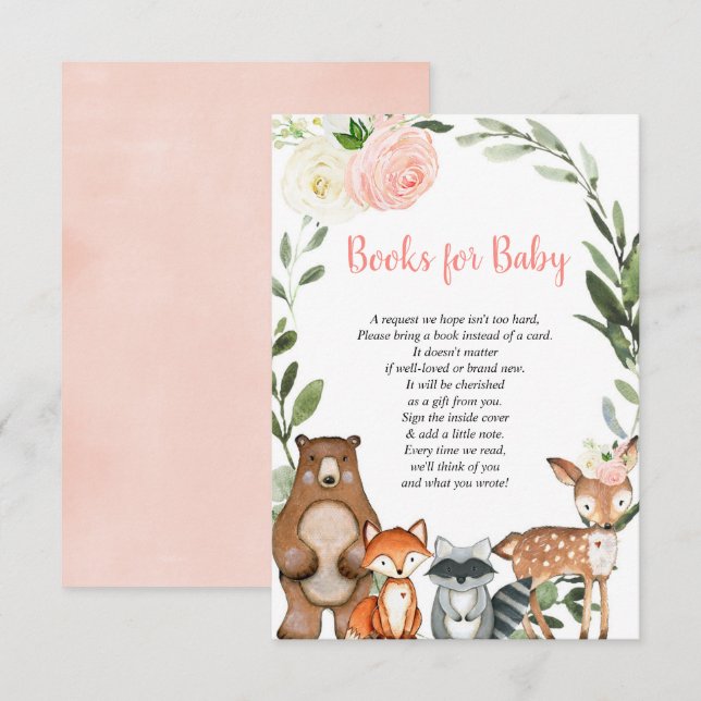 Woodland blush pink book request girl baby shower  enclosure card (Front/Back)