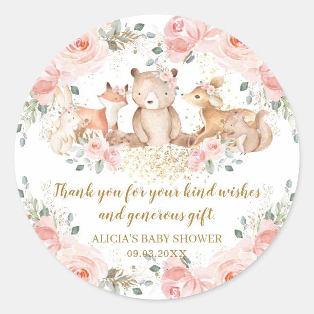Woodland Blush Pink Floral Baby Shower Birthday Classic Round Sticker (Front)