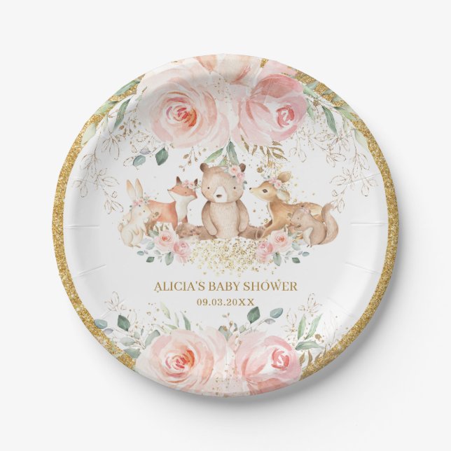 Woodland Blush Pink Floral Baby Shower Birthday Paper Plate (Front)
