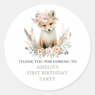 Woodland Boho Fox Girl Birthday Personalised Classic Round Sticker