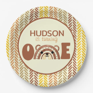 Woodland Boho Rainbow Bear First Birthday Paper Plate