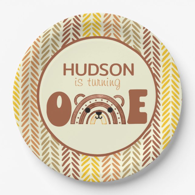 Woodland Boho Rainbow Bear First Birthday Paper Plate (Front)