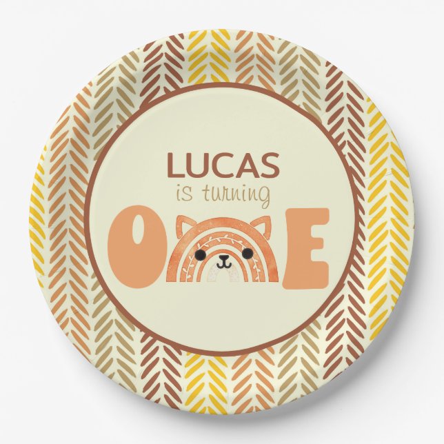 Woodland Boho Rainbow Fox First Birthday Paper Plate (Front)