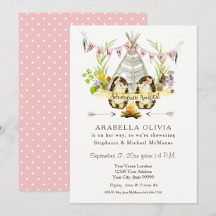 Woodland BOHO Teepee Hedgehogs Girl Baby Shower  Invitation