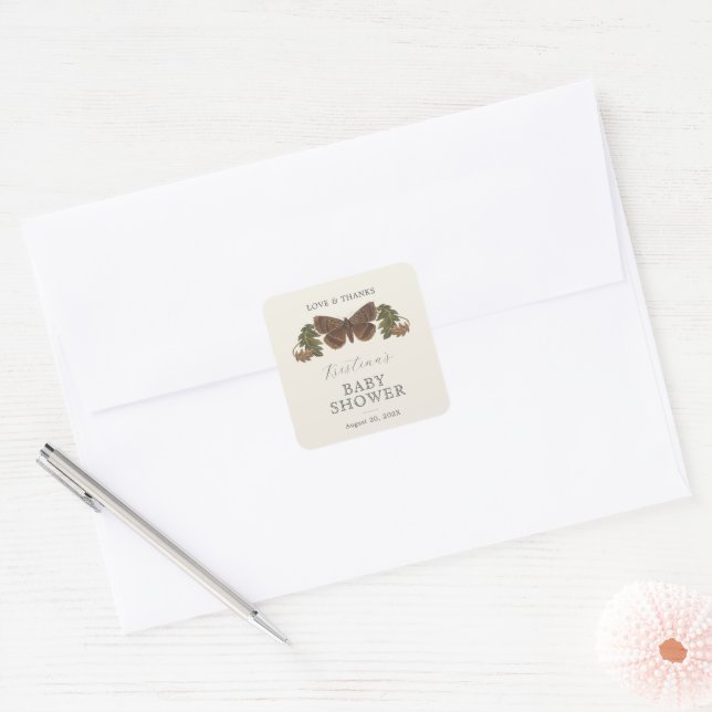 Woodland Botanical Gender Neutral Baby Shower Square Sticker (Envelope)