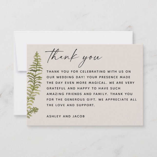 Woodland Botanical Wedding | Elegant Forest Fern Thank You Card (Front)