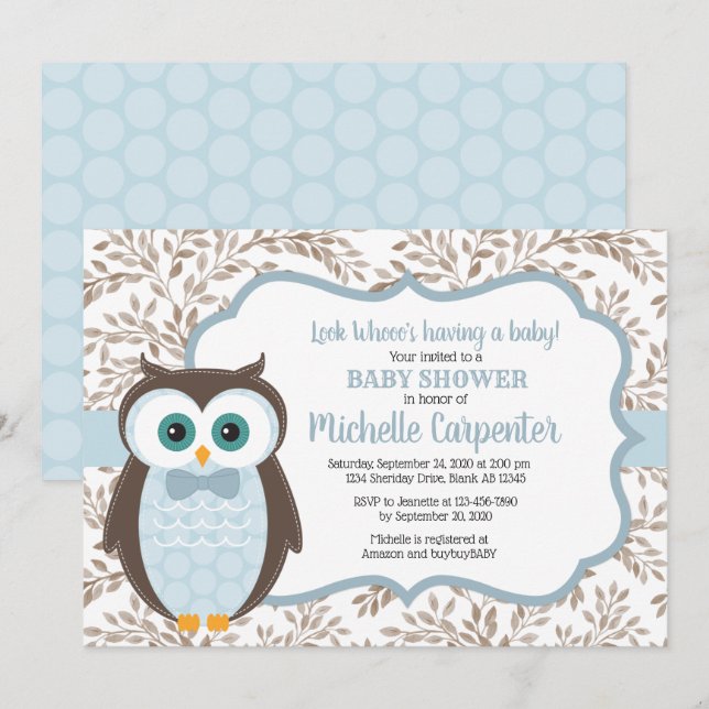 woodland boy baby shower invitation blue brown owl (Front/Back)