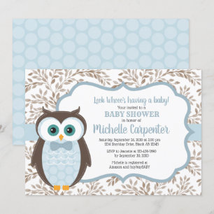 woodland boy baby shower invitation blue brown owl