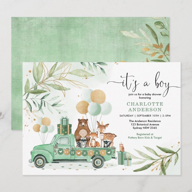 Woodland Boy Baby Shower Watercolor Greenery Gold Invitation (Front/Back)