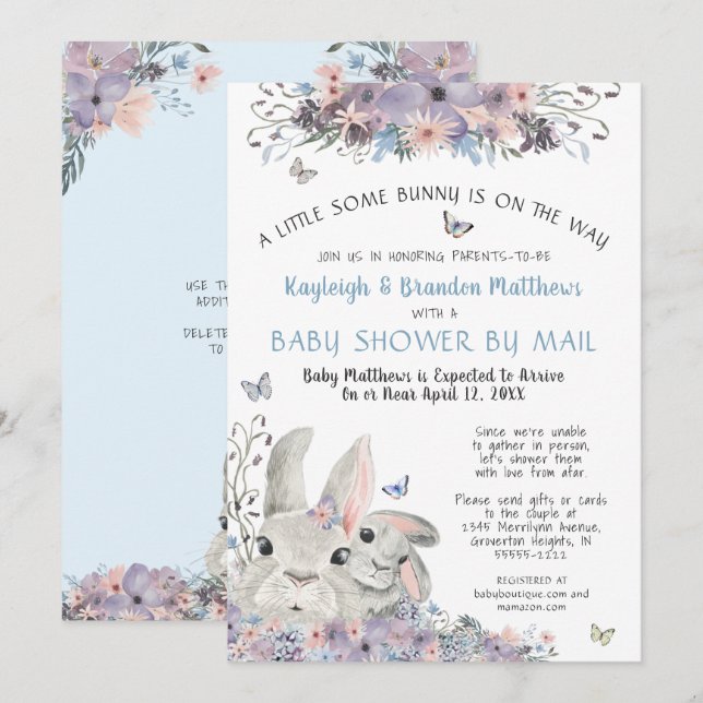 Woodland Bunnies Floral Blue Baby Shower By Mail Invitation (Front/Back)