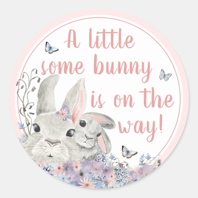 Woodland Bunnies Floral Pink Baby Shower Classic Round Sticker (Front)