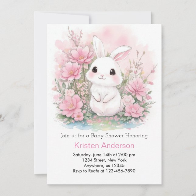 Woodland Bunny Blissful Pink Girl Baby Shower Invitation (Front)