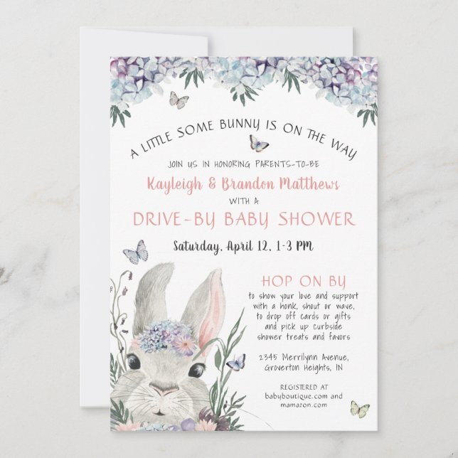 Woodland Bunny Floral Pink Drive By Baby Shower Invitation (Front)