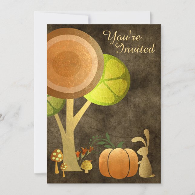 Woodland Bunny Gold Autumn Baby Shower Invitation (Front)