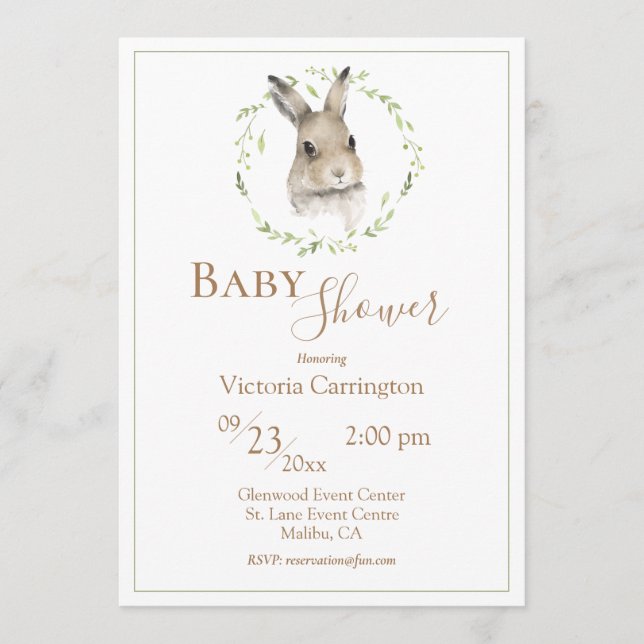 Woodland Bunny Greenery Baby Shower Invitation (Front)