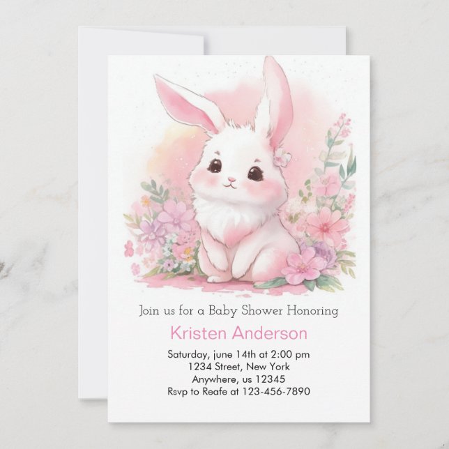 Woodland Bunny Pink Floral Girl Baby Shower Invitation (Front)