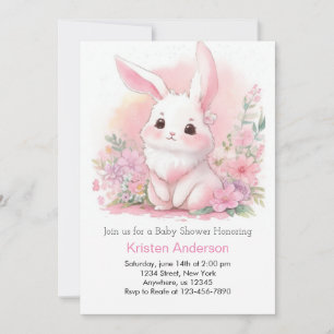 Woodland Bunny Pink Floral Girl Baby Shower Invitation
