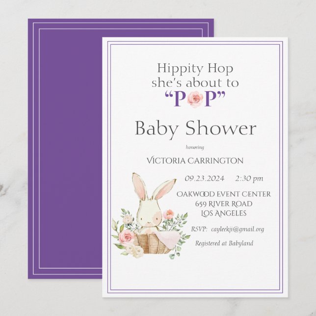Woodland Bunny Rabbit Purple Modern Invitation (Front/Back)
